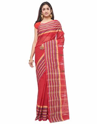 red Handloom Taant Pure Cotton Saree Without Blouse Piece 1