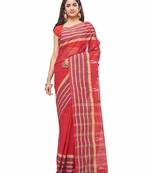 red Handloom Taant Pure Cotton Saree Without Blouse Piece