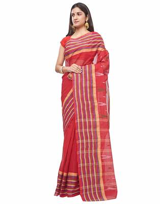 red Handloom Taant Pure Cotton Saree Without Blouse Piece 2