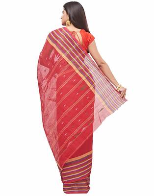 red Handloom Taant Pure Cotton Saree Without Blouse Piece 3