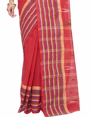 red Handloom Taant Pure Cotton Saree Without Blouse Piece 4