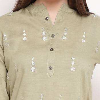women's embroidered straight rayon beige kurti 4