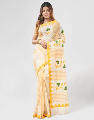 Yellow Handloom Dhaniyakhali Pure Cotton Saree Without Blouse Piece 1