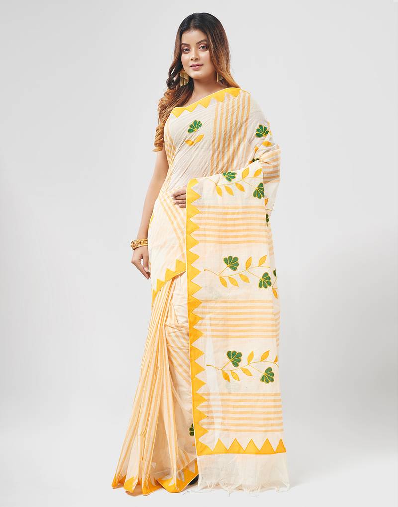 Yellow Handloom Dhaniyakhali Pure Cotton Saree Without Blouse Piece