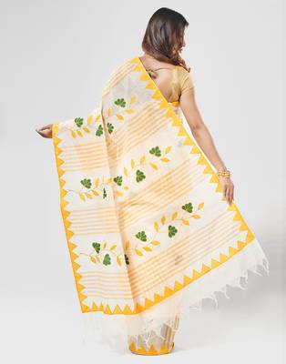 Yellow Handloom Dhaniyakhali Pure Cotton Saree Without Blouse Piece 3