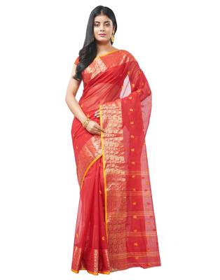 red Handloom Taant Pure Cotton Saree Without Blouse Piece 1