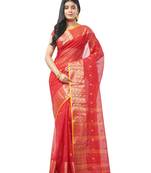 red Handloom Taant Pure Cotton Saree Without Blouse Piece
