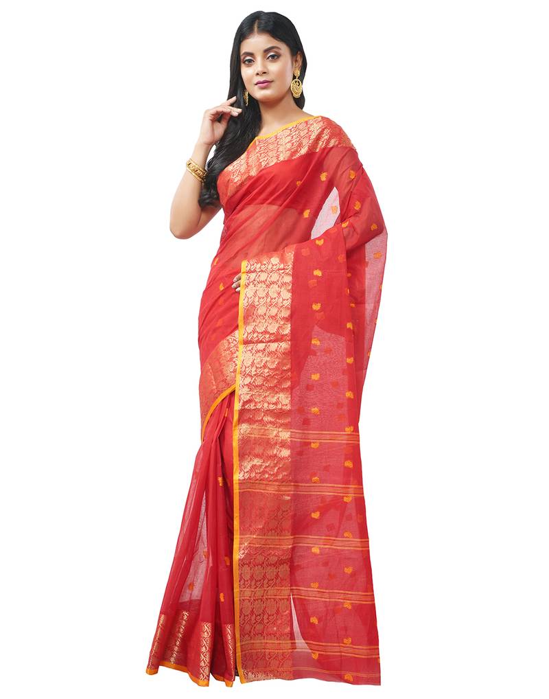 red Handloom Taant Pure Cotton Saree Without Blouse Piece