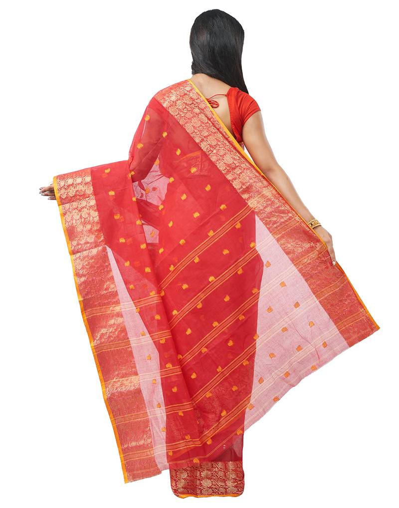 red Handloom Taant Pure Cotton Saree Without Blouse Piece