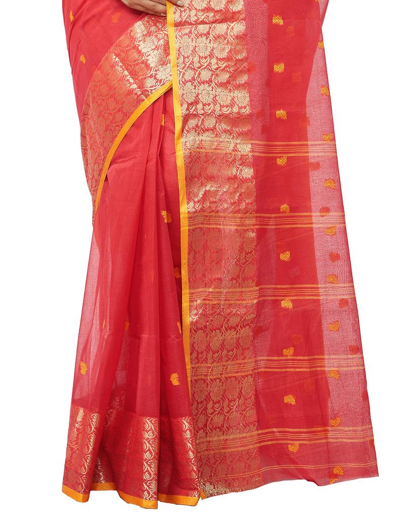 red Handloom Taant Pure Cotton Saree Without Blouse Piece