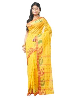 yellow Handloom Taant Pure Cotton Saree Without Blouse Piece 1