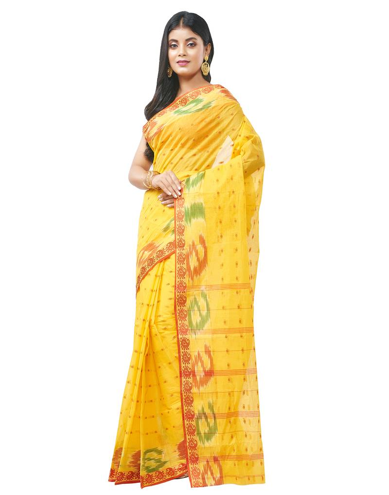 yellow Handloom Taant Pure Cotton Saree Without Blouse Piece