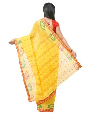 yellow Handloom Taant Pure Cotton Saree Without Blouse Piece 3