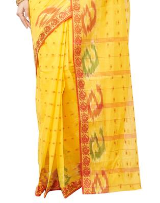 yellow Handloom Taant Pure Cotton Saree Without Blouse Piece 4