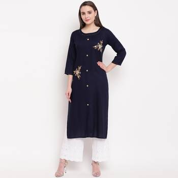 women's embroidered/solid straight rayon blue kurti 1
