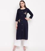 women's embroidered/solid straight rayon blue kurti