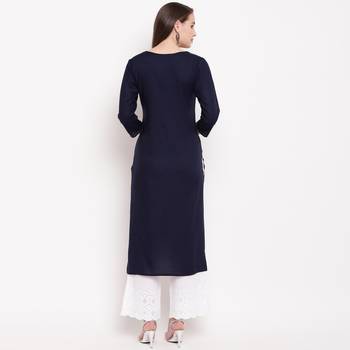 women's embroidered/solid straight rayon blue kurti 2