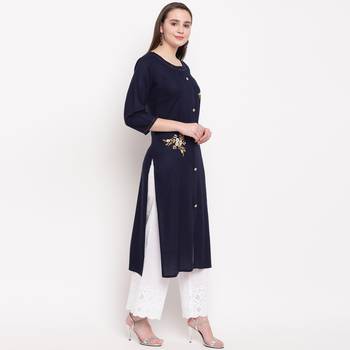 women's embroidered/solid straight rayon blue kurti 3