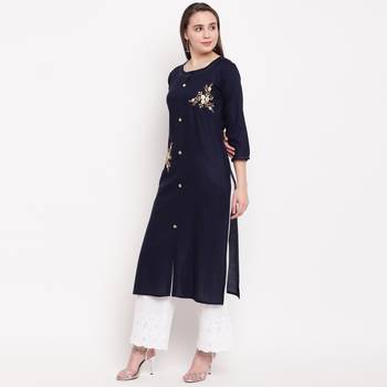 women's embroidered/solid straight rayon blue kurti 4