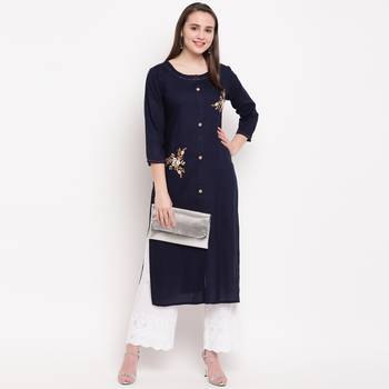 women's embroidered/solid straight rayon blue kurti 6