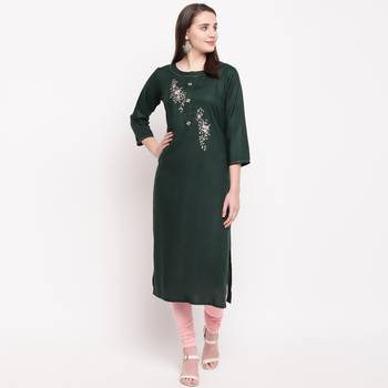 women's embroidered/solid straight rayon green kurti 1