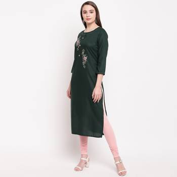 women's embroidered/solid straight rayon green kurti 3