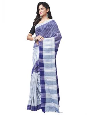 blue Handloom Taant Pure Cotton Saree Without Blouse Piece 2