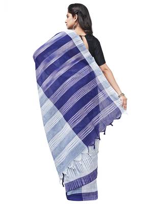 blue Handloom Taant Pure Cotton Saree Without Blouse Piece 3