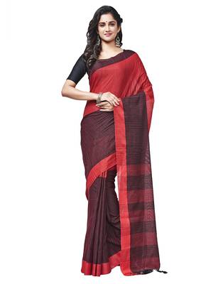 red Handloom Taant Pure Cotton Saree Without Blouse Piece 1