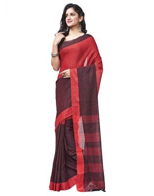 red Handloom Taant Pure Cotton Saree Without Blouse Piece 2