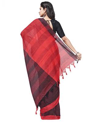 red Handloom Taant Pure Cotton Saree Without Blouse Piece 3