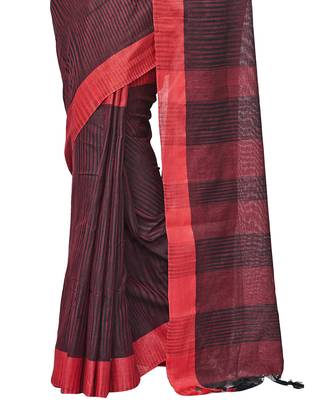 red Handloom Taant Pure Cotton Saree Without Blouse Piece 4