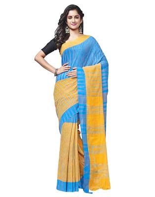 blue Handloom Taant Pure Cotton Saree Without Blouse Piece 1