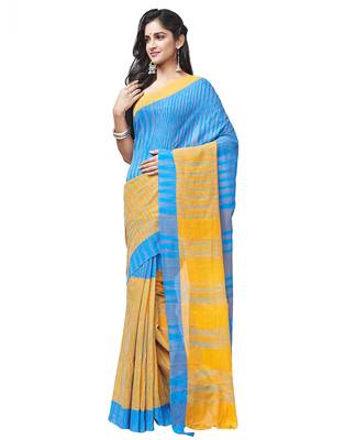 blue Handloom Taant Pure Cotton Saree Without Blouse Piece 2