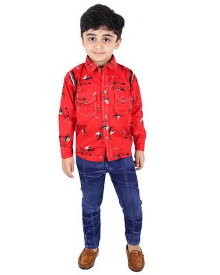 Red printed cotton silk boys-suit 1