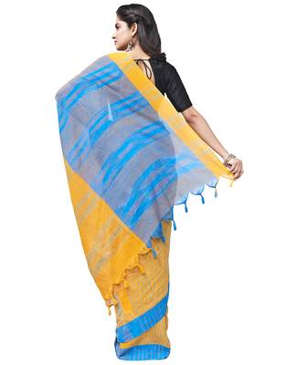 blue Handloom Taant Pure Cotton Saree Without Blouse Piece 3