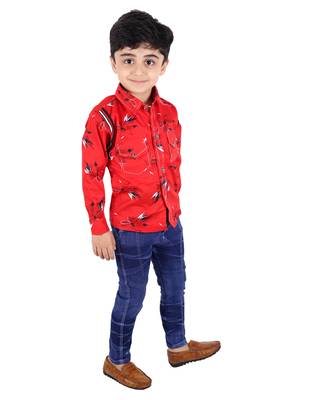 Red printed cotton silk boys-suit 2
