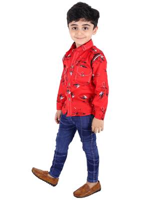 Red printed cotton silk boys-suit 3