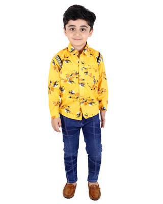 Yellow printed cotton silk boys-suit 1