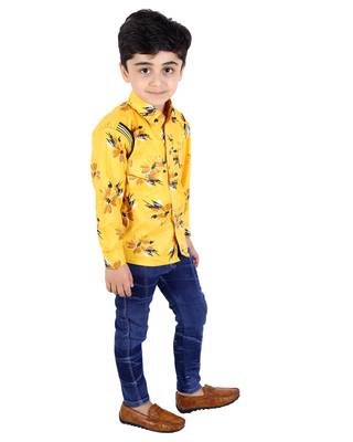 Yellow printed cotton silk boys-suit 2
