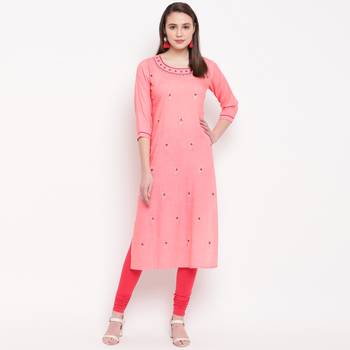 women's embroidered straight rayon pink kurti 1