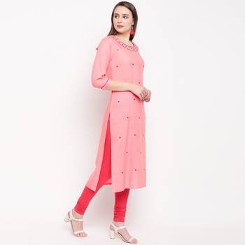 women's embroidered straight rayon pink kurti 4