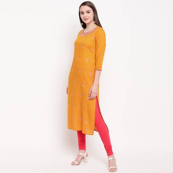women's embroidered straight rayon yellow kurti 1