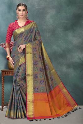 Multicolor plain silk saree with blouse 1