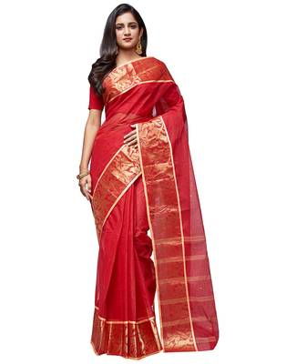 red Handloom Taant Pure Cotton Saree Without Blouse Piece 1