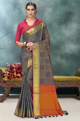 Multicolor plain silk saree with blouse 2