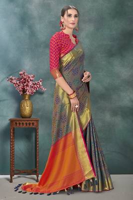 Multicolor plain silk saree with blouse 3