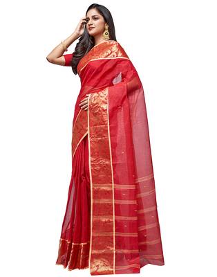 red Handloom Taant Pure Cotton Saree Without Blouse Piece 2