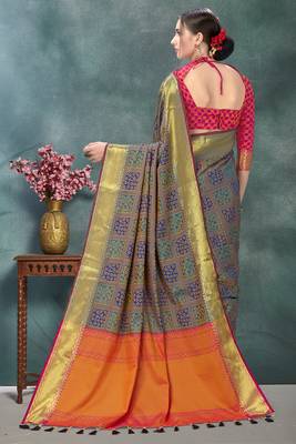 Multicolor plain silk saree with blouse 4