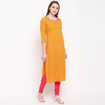 women's embroidered straight rayon yellow kurti 3